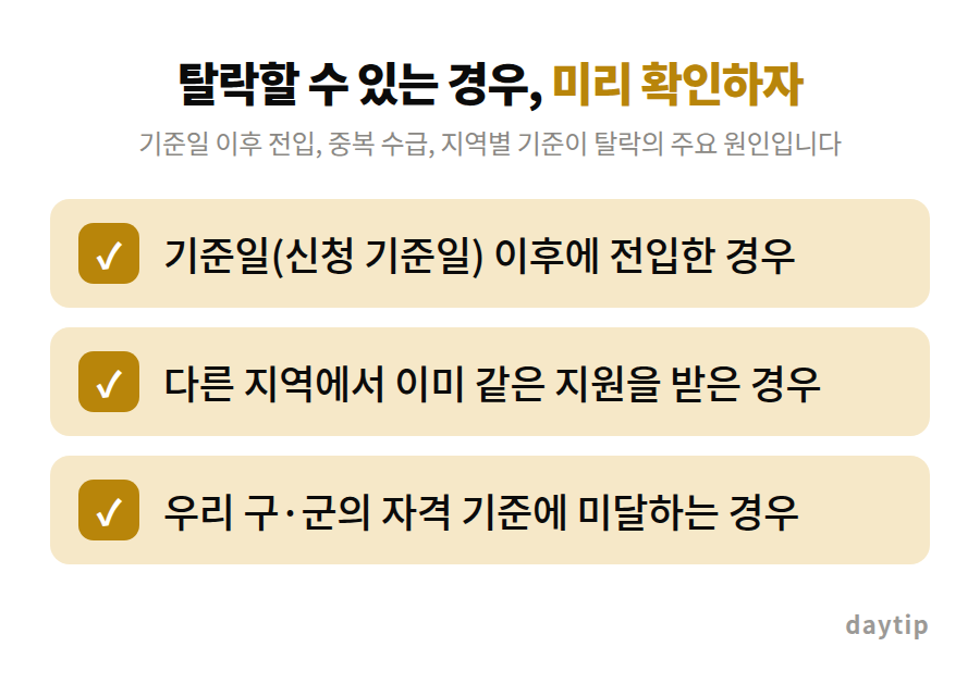 탈락할 수 있는 경우, 미리 확인하자 체크리스트: 기준일(신청 기준일) 이후에 전입한 경우, 다른 지역에서 이미 같은 지원을 받은 경우, 우리 구·군의 자격 기준에 미달하는 경우