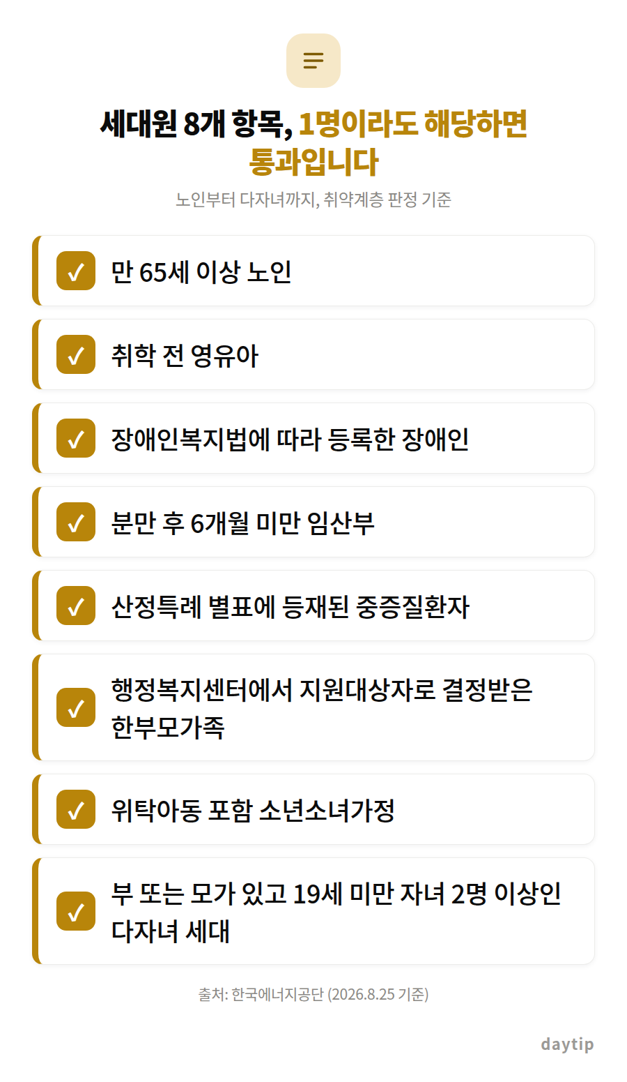 세대원 8개 항목, 1명이라도 해당하면 통과입니다 체크리스트: 만 65세 이상 노인, 취학 전 영유아, 장애인복지법에 따라 등록한 장애인, 분만 후 6개월 미만 임산부