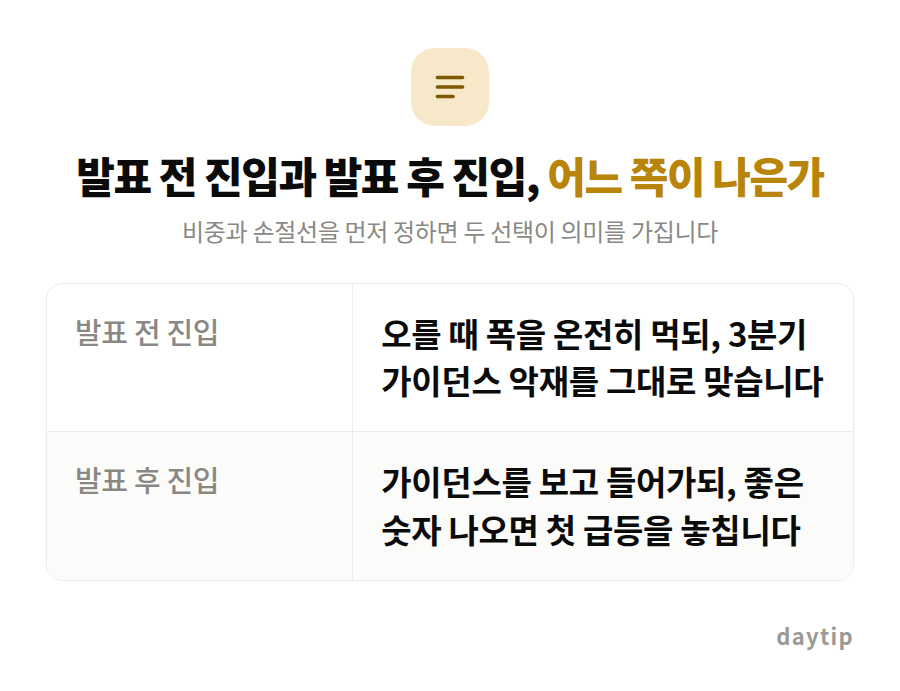발표 전 진입과 발표 후 진입, 어느 쪽이 나은가 비교표: 발표 전 진입 오를 때 폭을 온전히 먹되, 3분기 가이던스 악재를 그대로 맞습니다, 발표 후 진입 가이던스를 보고 들어가되, 좋은 숫자 나오면 첫 급등을 놓칩니다