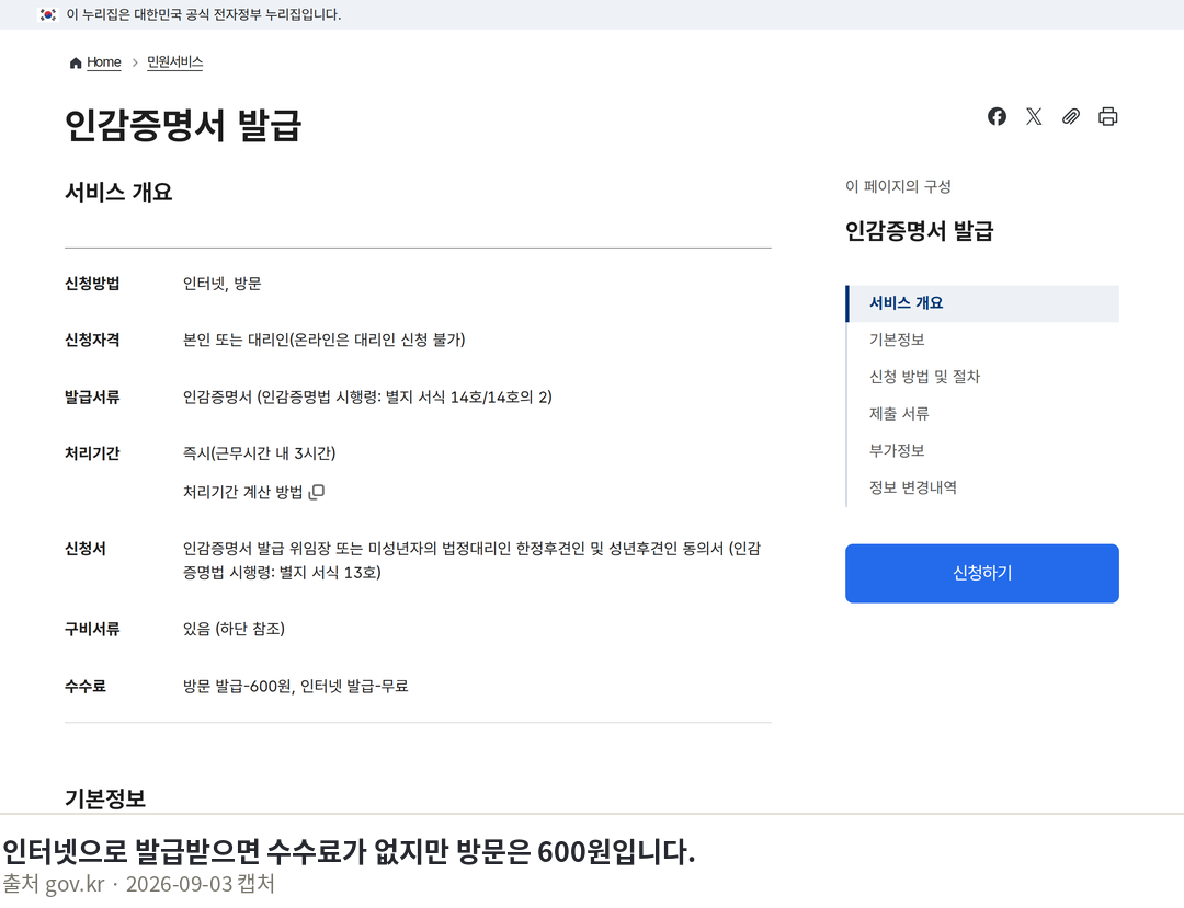 인감증명서 발급방법, 온라인 되는 용도 총정리 인터넷으로 발급받으면 수수료가 없지만 방문은 600원입니다. · 인감증명서 발급 | 민원안내 및 신청 | 정부24 · gov.kr 화면