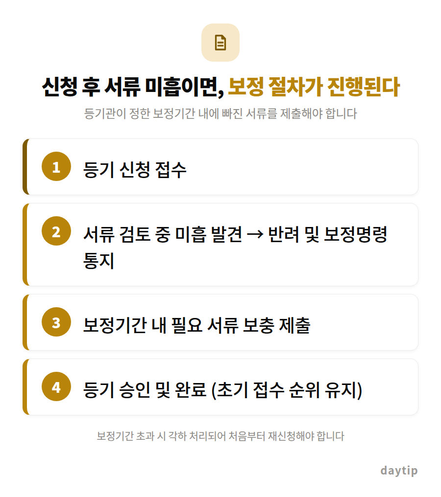 신청 후 서류 미흡이면, 보정 절차가 진행된다 절차 안내: 등기 신청 접수, 서류 검토 중 미흡 발견 → 반려 및 보정명령 통지, 보정기간 내 필요 서류 보충 제출, 등기 승인 및 완료 (초기 접수 순위 유지)