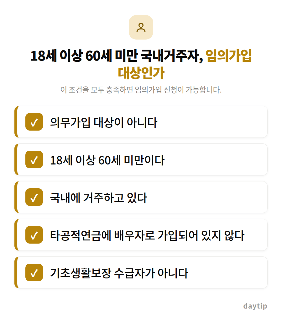 18세 이상 60세 미만 국내거주자, 임의가입 대상인가 체크리스트: 의무가입 대상이 아니다, 18세 이상 60세 미만이다, 국내에 거주하고 있다, 타공적연금에 배우자로 가입되어 있지 않다