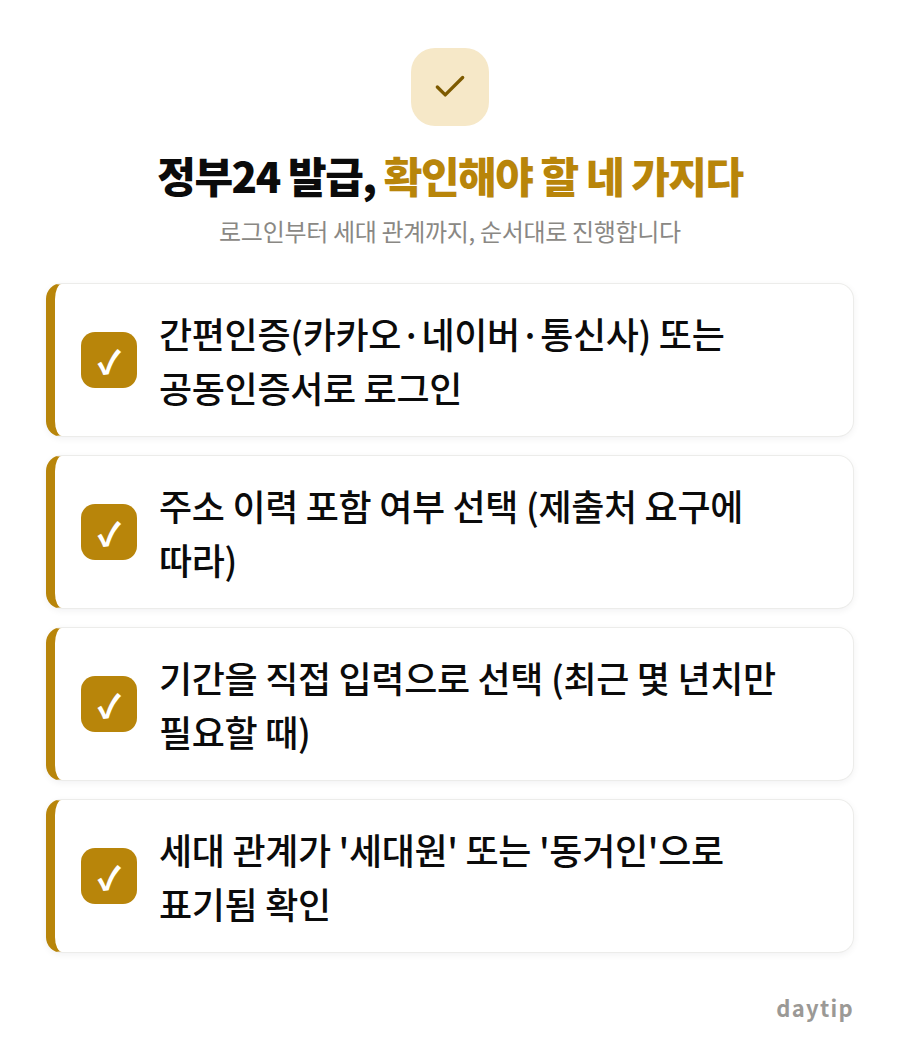 정부24 발급, 확인해야 할 네 가지다 체크리스트: 간편인증(카카오·네이버·통신사) 또는 공동인증서로 로그인, 주소 이력 포함 여부 선택 (제출처 요구에 따라), 기간을 직접 입력으로 선택 (최근 몇 년치만 필요할 때)…