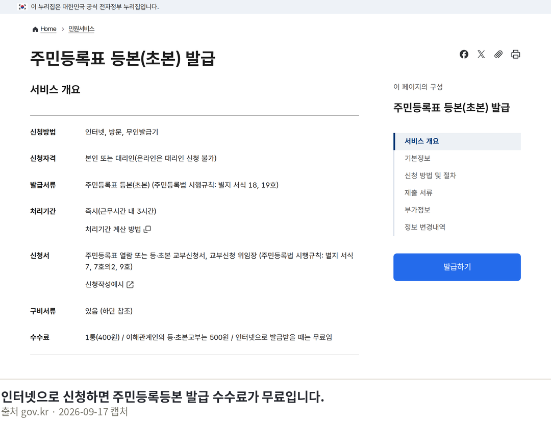 주민등록등본 발급방법 4가지, 수수료 비교 인터넷으로 신청하면 주민등록등본 발급 수수료가 무료입니다. · 주민등록표 등본(초본) 발급 | 민원안내 및 신청 | 정부24 · gov.kr 화면