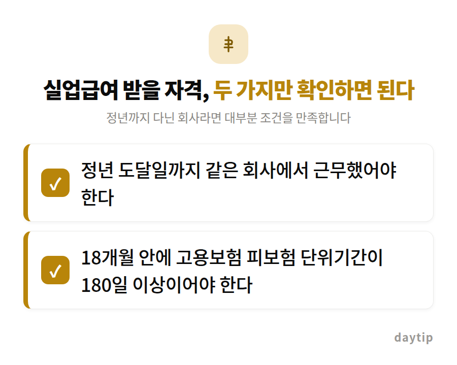 실업급여 받을 자격, 두 가지만 확인하면 된다 체크리스트: 정년 도달일까지 같은 회사에서 근무했어야 한다, 18개월 안에 고용보험 피보험 단위기간이 180일 이상이어야 한다
