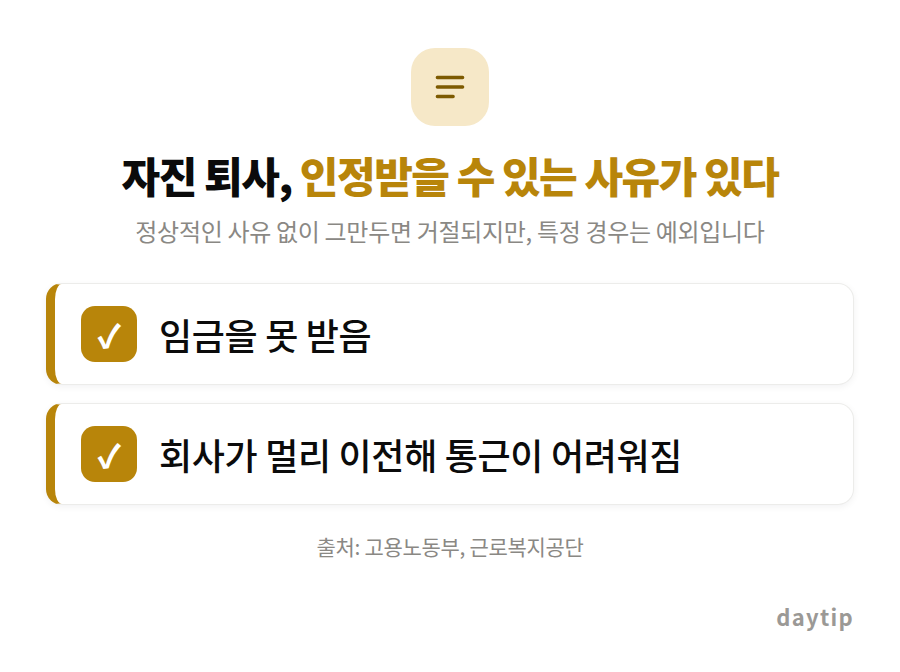 자진 퇴사, 인정받을 수 있는 사유가 있다 체크리스트: 임금을 못 받음, 회사가 멀리 이전해 통근이 어려워짐